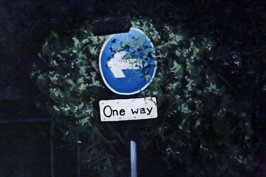 Antique Very large oil on canvas Painting Artwork Darren Smith 1989 Titled 'One Way'