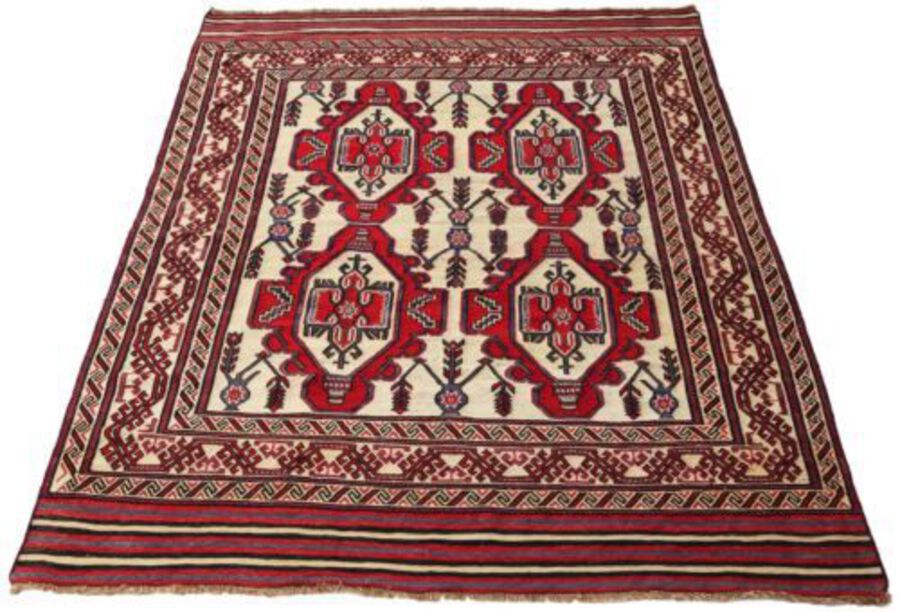 Antique large quality Saghari hand woven wool rug cream red ~10'x7'