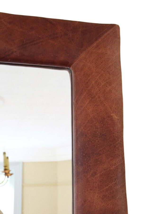 Antique Hoste Arms reclaimed large quality brown leather wall mirror or overmantle