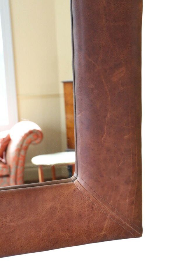 Antique Hoste Arms reclaimed large quality brown leather wall mirror or overmantle