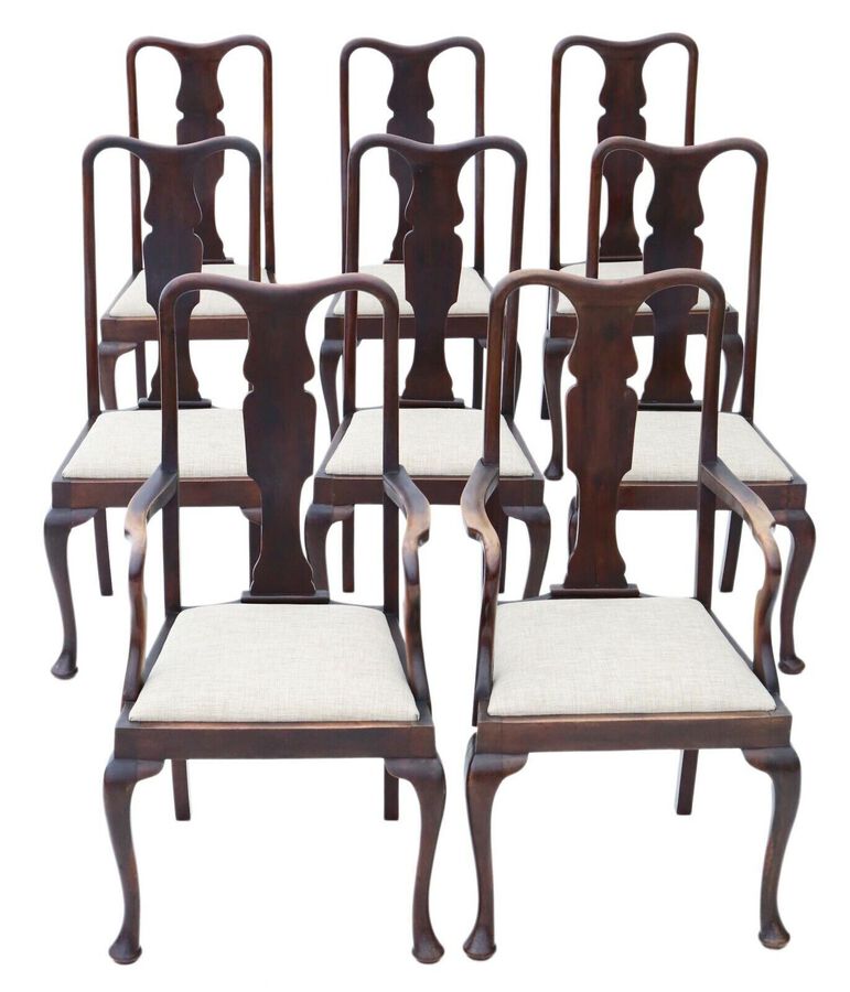 Antique set of 8 (6 2) mahogany Queen Anne revival dining chairs