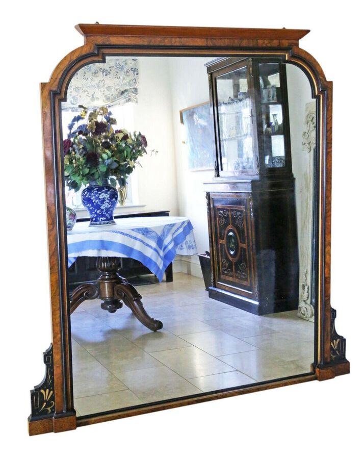 Antique very large fine quality burr walnut and ebonised wall overmantle mirror
