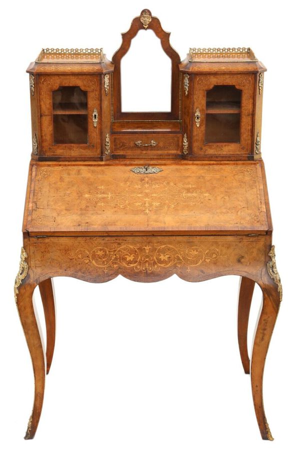 Antique inlaid burr walnut Bonheur de Jour bureau desk writing table