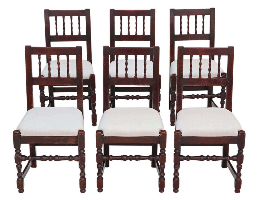Antique quality set of 6 19th Century rustic oak kitchen dining chairs