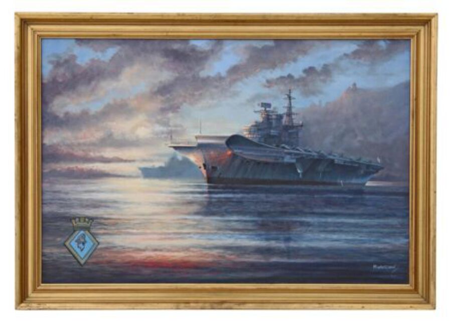 Quality large oil painting M J Whitehand HMS Hermes aircraft carrier Naval