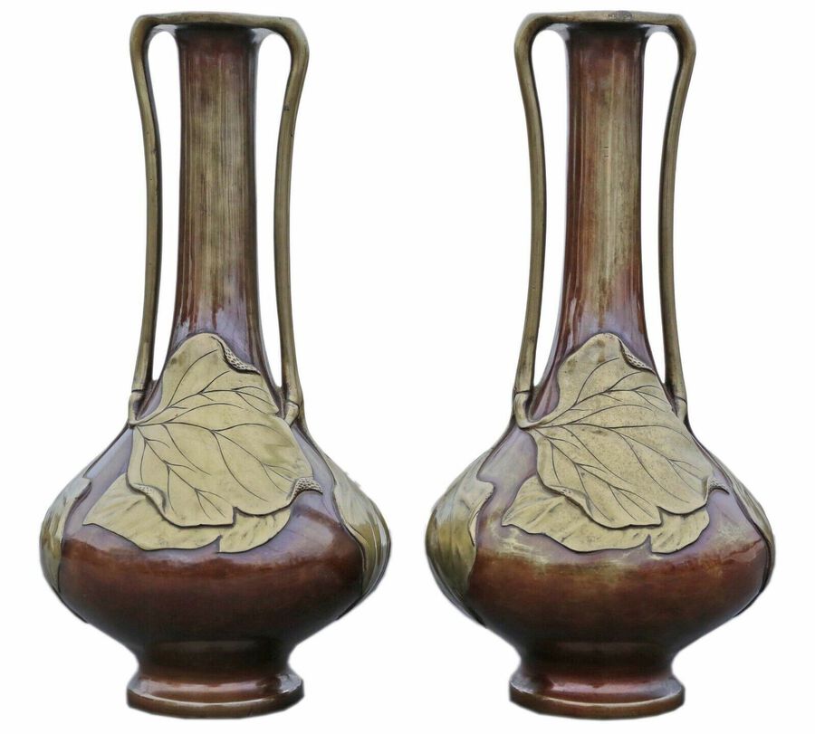 Antique large pair of fine quality Japanese bronze mixed metal vases C1910 Meiji