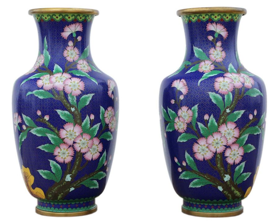 Antique large quality pair of handed mid 20th Century Chinese cloisonne vases.