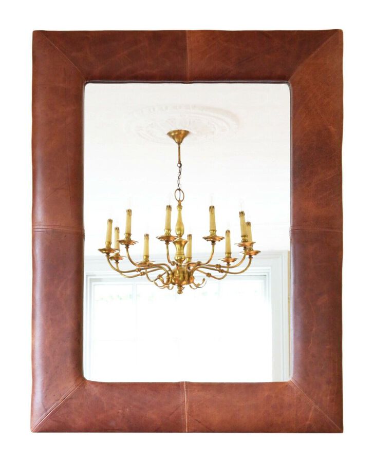 Quality large brown leather overmantle or wall mirror from Hoste Arms, Burnham M