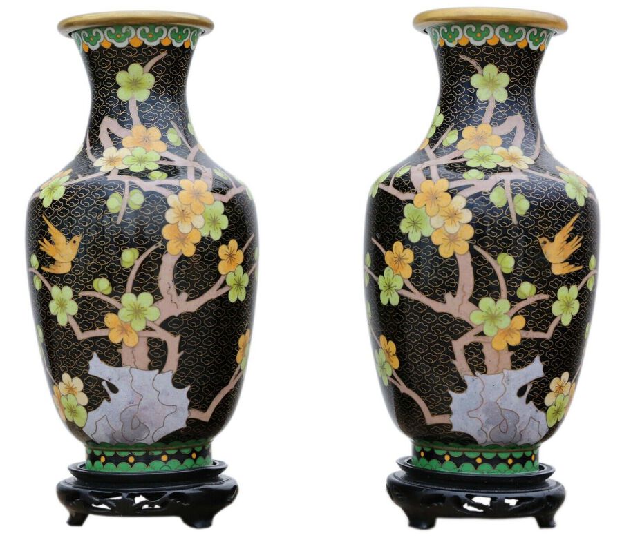 Antique large quality pair of handed 20th Century Chinese cloisonne vases