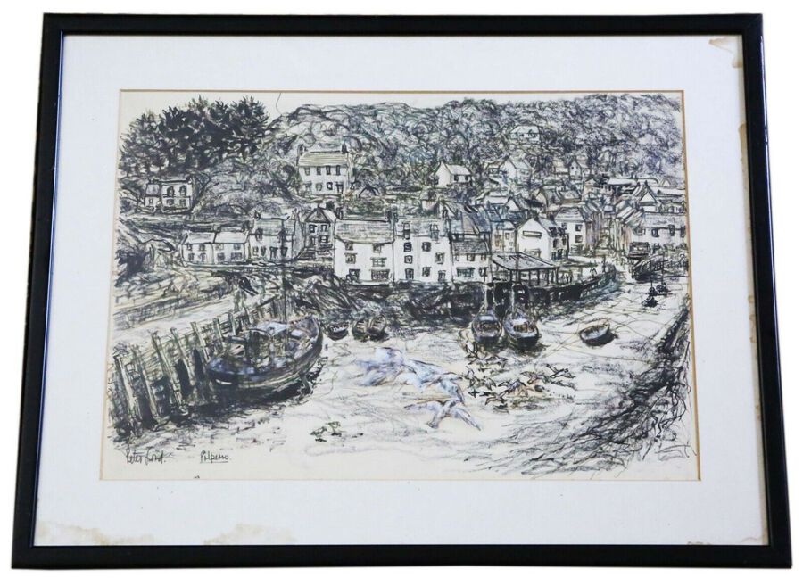 Large pen and wash Painting Artwork Polperro Harbour by Peter Ford C1960-70 Vint