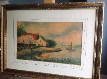 Antique OIL ON BOARD STUDY OF A FARM HOUSE BY THE RIVER