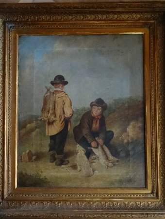 Antique LARGE OUTSTANDING 19thc OIL PORTRAIT PAINTING: 'THE RABBIT WARRENER'S & TERRIER'