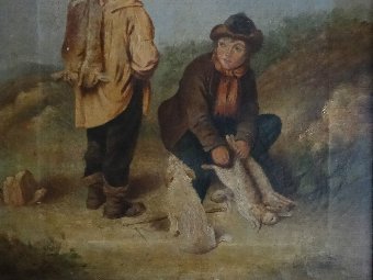 Antique LARGE OUTSTANDING 19thc OIL PORTRAIT PAINTING: 'THE RABBIT WARRENER'S & TERRIER'