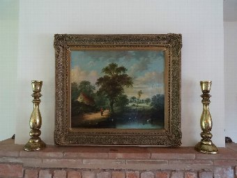 Antique GORGEOUS LATE 19thc VICTORIAN TRANQUIL COUNTRY LANDSCAPE OIL PAINTING Circa 1890