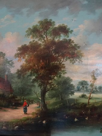 Antique GORGEOUS LATE 19thc VICTORIAN TRANQUIL COUNTRY LANDSCAPE OIL PAINTING Circa 1890
