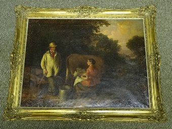 Antique LOVELY 19thc PRIMITIVE OIL PAINTING OF A FARMER & COW MAID Attrib 'JOHN TURNER'