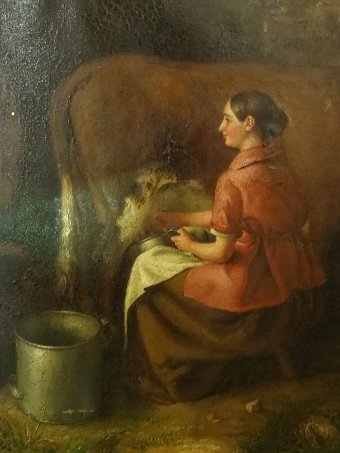 Antique LOVELY 19thc PRIMITIVE OIL PAINTING OF A FARMER & COW MAID Attrib 'JOHN TURNER'