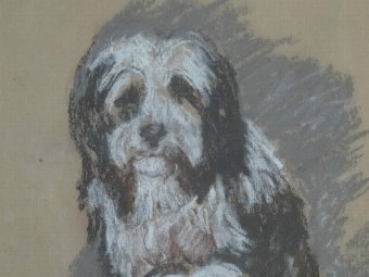 Antique 'THE OLD ENGLISH SHEEPDOGS' ORIGINAL PASTEL & CHARCOAL PORTRAIT PAINTING