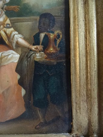 Antique RARE 18thc OIL ON TIN PAINTING DEPICTING A SLAVE BOY WITH HE'S MASTERS C1780