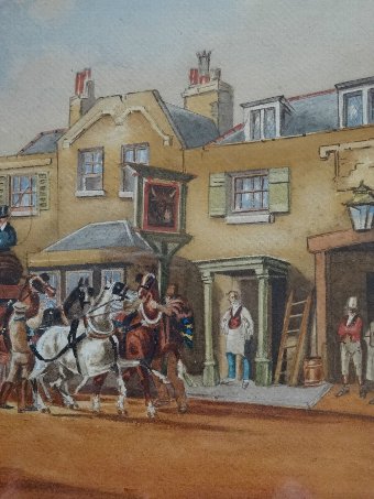 Antique DELIGHTFUL 19th CENTURY OLD ENGLISH HORSES & CARRIAGES WATERCOLOUR PAINTING