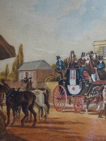 Antique DELIGHTFUL 19th CENTURY OLD ENGLISH HORSES & CARRIAGES WATERCOLOUR PAINTING