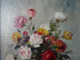 Antique GORGEOUS ORIGINAL MID 20thc SIGNED FLORAL STILL LIFE STUDY OIL PAINTING