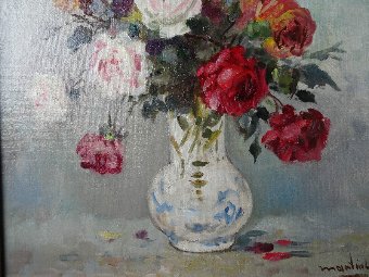 Antique GORGEOUS ORIGINAL MID 20thc SIGNED FLORAL STILL LIFE STUDY OIL PAINTING