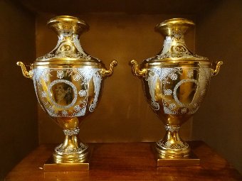 Antique LARGE PAIR OF STUNNING GILT NEO-CLASSICAL STYLE HANDLED PORCELAIN VASES