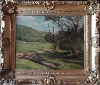 Antique LOVELY LARGE ENGLISH LANDSCAPE PAINTING - SIGNED - FABULOUS PERIOD GESSO FRAME