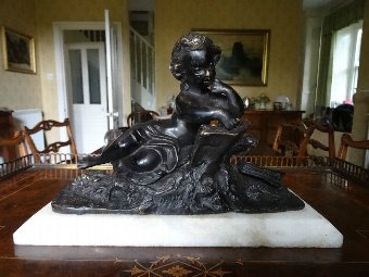 Antique MAGNIFICENT EARLY 20th CENTURY SOLID BRONZE & MARBLE STATUE FIGURINE OF A BOY
