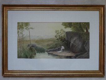 Antique ELEGANT WAR TIME LANDSCAPE WATERCOLOUR PAINTING OF A BATHING NAKED BEAUTY