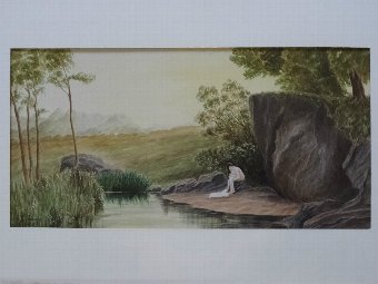 Antique ELEGANT WAR TIME LANDSCAPE WATERCOLOUR PAINTING OF A BATHING NAKED BEAUTY