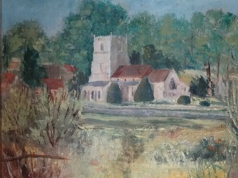 DELIGHTFUL MID CENTURY LANDSCAPE OIL PAINTING OF A PERIOD ENGLISH CHURCH