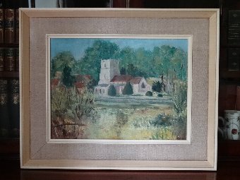 Antique DELIGHTFUL MID CENTURY LANDSCAPE OIL PAINTING OF A PERIOD ENGLISH CHURCH