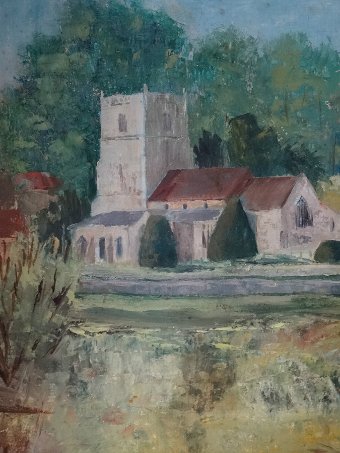Antique DELIGHTFUL MID CENTURY LANDSCAPE OIL PAINTING OF A PERIOD ENGLISH CHURCH