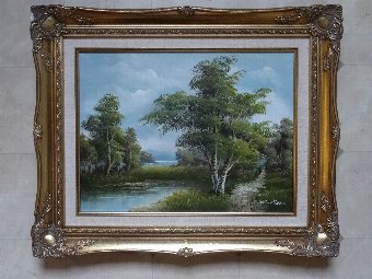Antique LOVELY ORIGINAL MID CENTURY LANDSCAPE OIL ON CANVAS PAINTING IN SCROLLED FRAME