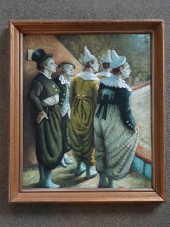 Antique Follower of Dame Laura Knight OLD TIME CLOWNS, ORIGINAL EARLY 20th OIL PAINTING