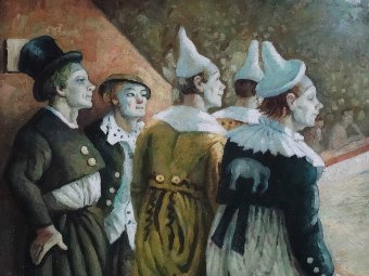 Antique Follower of Dame Laura Knight OLD TIME CLOWNS, ORIGINAL EARLY 20th OIL PAINTING