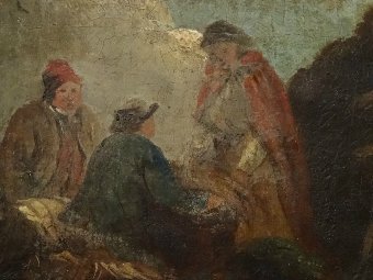 Antique VERY EARLY 19thc REGENCY GESSO FRAMED OIL PAINTING 'FISHERMAN & THEIR DOG'