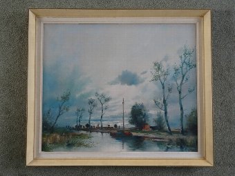Antique ORIGINAL MID CENTURY OIL PAINTING: A SAILING BOAT WITHIN A LANDSCAPE Circa 1960