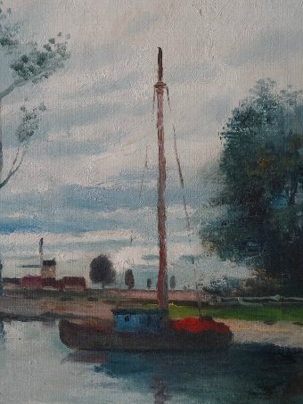 Antique ORIGINAL MID CENTURY OIL PAINTING: A SAILING BOAT WITHIN A LANDSCAPE Circa 1960