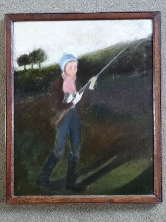 Antique 1920's NAIVE OIL PORTRAIT PAINTING OF A GIRL SHOOTING GAME BIRDS - SPORTING GUN