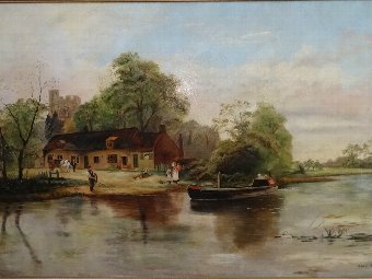 Antique FABULOUS LARGE VICTORIAN COUNTRY LANDSCAPE OIL ON CANVAS PAINTING 'E HEY' C1900