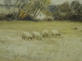 Antique 'A R Bancroft' 1920's ANTIQUE FARMLAND SHEEP WATERCOLOUR PAINTING (1 OF 2)