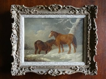 Antique MAGNIFICENT ORIGINAL MID 19thc HORSES IN WINTER LANDSCAPE AFTER GEORGE MORLAND