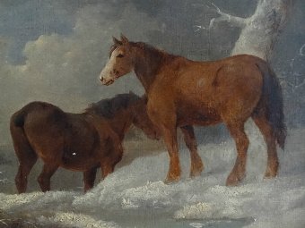 Antique MAGNIFICENT ORIGINAL MID 19thc HORSES IN WINTER LANDSCAPE AFTER GEORGE MORLAND