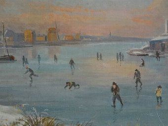 Antique FABULOUS 1920's ANTIQUE DUTCH FLEMISH FROZEN LANDSCAPE ICE SKATING OIL PAINTING