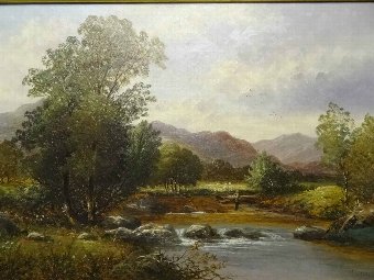 Antique MAGNIFICENT HUGE 19thc COUNTRY LANDSCAPE OIL ON CANVAS PAINTING SIGNED 'Bates' 