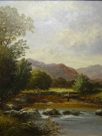 Antique MAGNIFICENT HUGE 19thc COUNTRY LANDSCAPE OIL ON CANVAS PAINTING SIGNED 'Bates' 