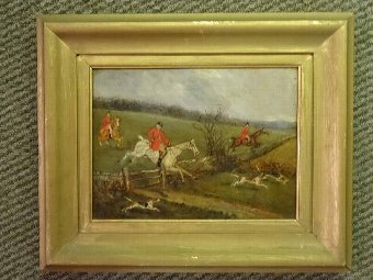 Antique 19thc ORIGINAL SPORTING EQUESTRIAN FOX HUNTING OIL ON PANEL PAINTING (2 OF 2)